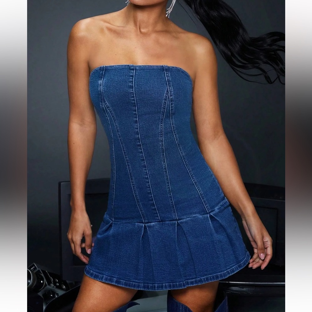 Strapless dark wash blue jean Denim mini Dress drop waist pleated very stretchy